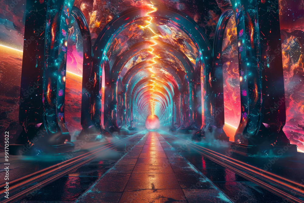 Poster a colorful tunnel with a glowing orb in the middle