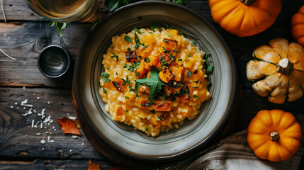 Pumpkin risotto. Autumn food. Dish with pumpkin.