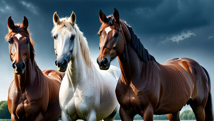 Fototapeta premium trio of magnificent horses, standing side by side