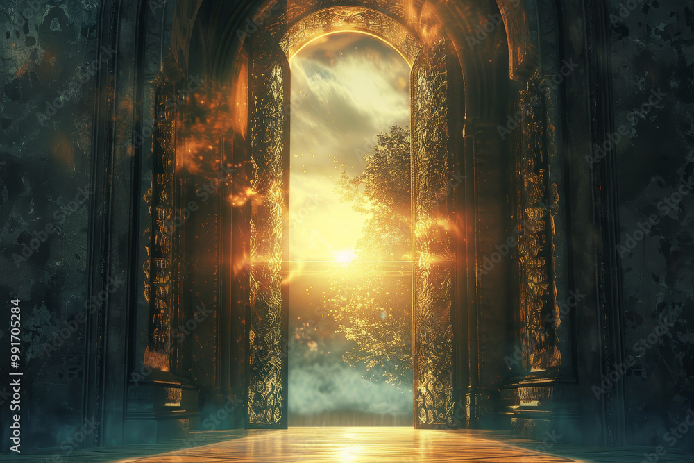 Poster a large archway with a tree in the middle of it