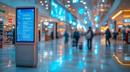 Digital information kiosk in a modern, brightly lit shopping mall
