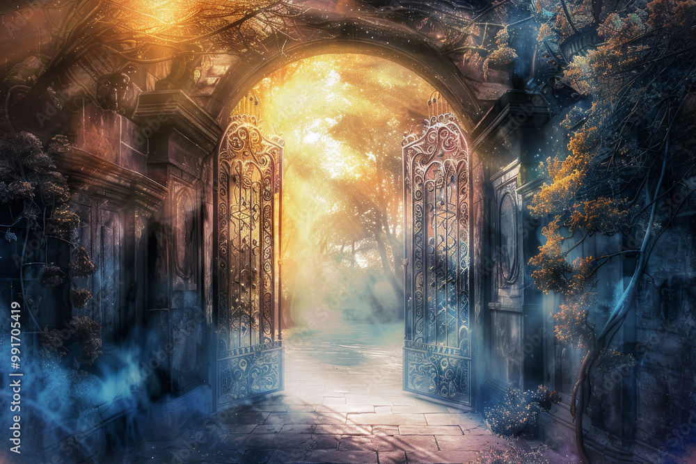 Poster a gate in a forest with a gate that is open