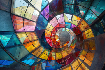A spiral staircase made of colorful stained glass