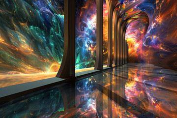 A colorful, fantastical space with a long hallway with a mirror on the wall