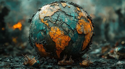 Fototapeta premium A massive globe with cracks running through its surface, trade routes broken and ships falling off the edge, symbolizing global economic collapse, photorealistic