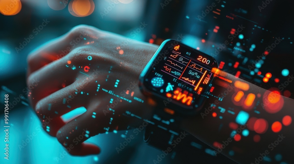 Poster close-up of a person holding a sleek smartwatch with futuristic digital display and glowing interfac