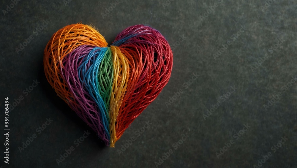 Poster heart symbol of inclusion made of colorful threads.