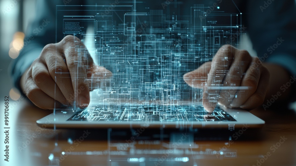 Poster close-up of hands interacting with a tablet displaying digital interface, showcasing technology and 