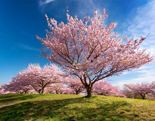 Fototapeta premium Beautiful cherry trees in full bloom under a radiant blue sky. Perfect for topics focusing on spring and nature-related themes