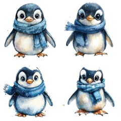 Fototapeta premium Whimsical Watercolor Cartoon Penguin with Cozy Scarf
