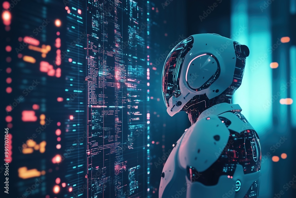 Poster futuristic robot interacting with digital interface in neon-lit environment.