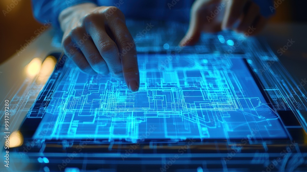 Poster close-up of a person's hands interacting with a digital tablet displaying complex technology interfa