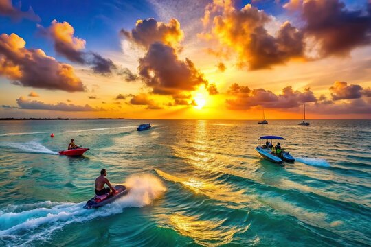 A breathtaking stock photo of vibrant watersports enthusiasts enjoying an exhilarating experience on the picturesque Caribbean Sea near Aruba at sunset, turquoise waters, parasailing