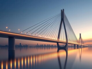 Obraz premium Cable-stayed bridge with a unique asymmetrical tower design, connecting two bustling cities, cable-stayed bridge, urban innovation