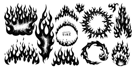 Fototapeta premium Set of silhouette flame and fire in vintage style. Hand drawn bonfire sketch. Vector clipart illustration. Line and Ink sketch. Vintage style. illustration on white background for element design. 