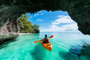 Adventurous kayakers paddling through hidden sea caves on a secluded tropical island, surrounded by crystal-clear waters
