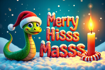 Festive scene with a cartoon snake wearing a Santa hat, standing next to a candle and the text Merry Hisss Masss.