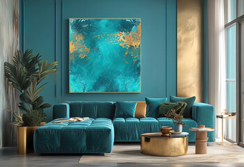 Dark turquoise background with golden patterns, fstract emerald background for design