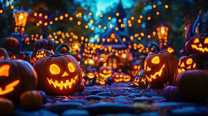 Obraz premium A path is lit up with orange and yellow pumpkins