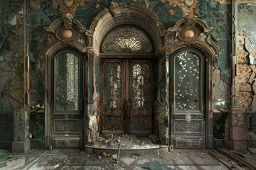 A large, old building with a lot of damage