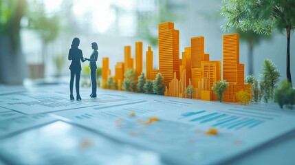 Obraz premium Paper cut of a financial advisor explaining a plan to a client, documents and charts layered