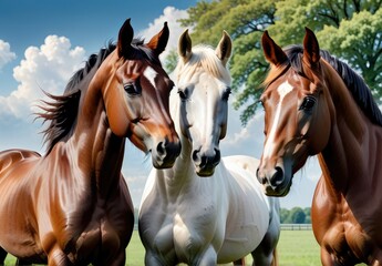 Four horses of various colors, standing proudly in the field