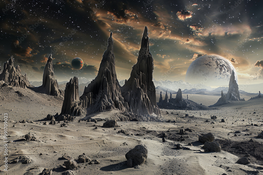 Poster a desolate landscape with a large planet in the background
