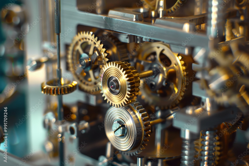 Poster a close up of a clock with many gears and one of them is gold