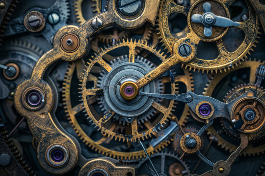 A close up of a clock with many gears and a small round gear with a silver