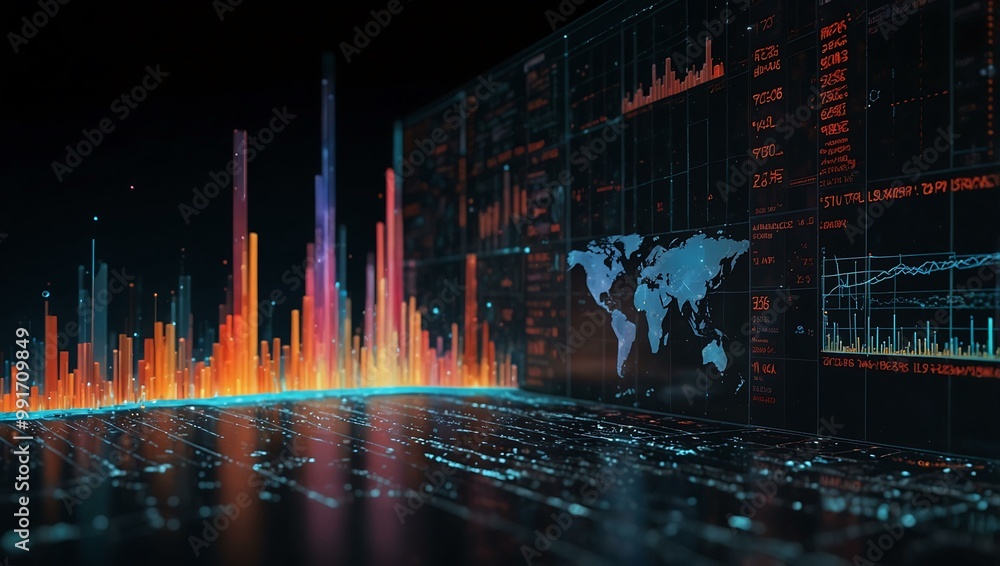 Poster holographic data streams creating a 3d analytics dashboard.