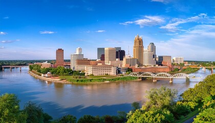 City of omaha, nebraska skyline along the banks of the mighty missouri river in the united states of america