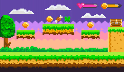 Vibrant pixel art scene featuring a side-scrolling video game level with floating platforms, coins, a tree, and an open treasure chest. Ideal for retro games, game design, pixel art, adventure