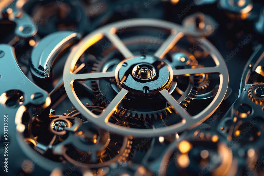 Poster a close up of a clock with many gears and a small round gear in the center