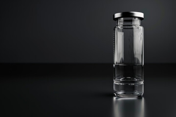 A clear glass bottle sits on a dark surface