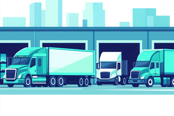 Naklejka premium Trucks parked in a loading area against a blue city skyline.