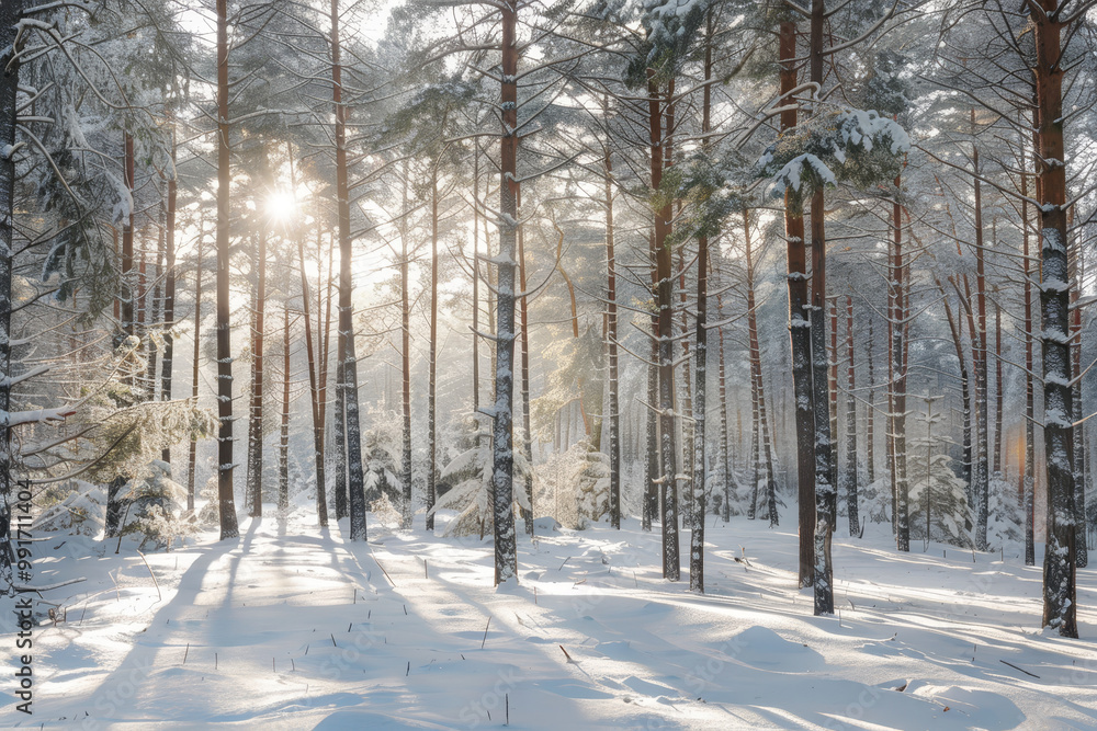 Poster a snowy forest with trees and a sun shining through the trees