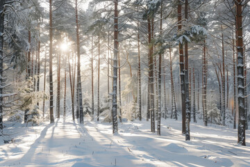 Fototapeta premium A snowy forest with trees and a sun shining through the trees