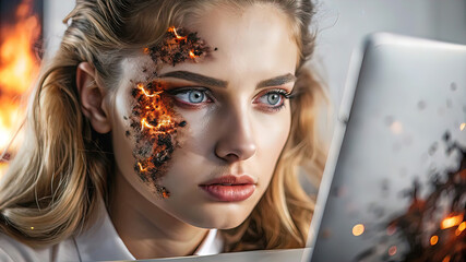 Tired young woman in office with computer and ransomware, Malware, stress at work