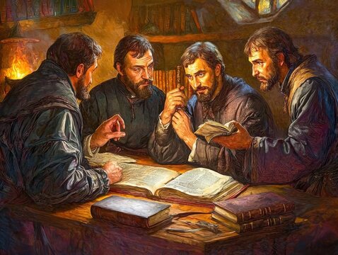 Scholars discussing manuscripts during the Protestant Reformation