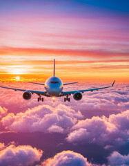 Commercial airplane flying above the clouds during a colorful sunset. This image symbolizes travel, freedom, and aviation, perfect for airline promotions or travel agency marketing