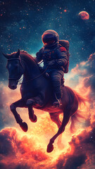Fototapeta premium A Astronaut riding a tall steed, galloping out of the galaxy. The astronaut is wearing a spacesuit, and the steed is very tall and strong. 