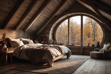 Cozy Bedroom with a Bed Placed Under the Window Surrounded by Charming Round Doors