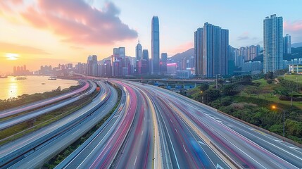 Obraz premium Cityscape with highway and sunset