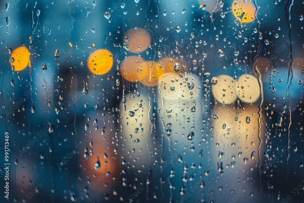 Poster a window with raindrops on it and a blurry background