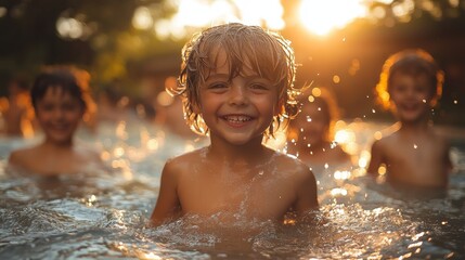 Obraz premium Children splashing in a pool under the sun on a hot Sunday afternoon, Sunday pool fun, carefree childhood, soft afternoon light