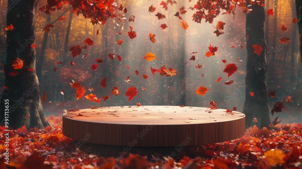 Poster a wooden platform is surrounded by vibrant autumn leaves swirling in the air, illuminated by dappled