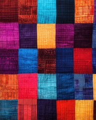 Colorful patchwork fabric showcasing vibrant patterns and textures in a harmonious arrangement.