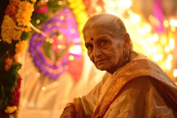 Fototapeta premium Elderly Woman in Traditional Indian Attire Celebrating Festival - Ideal for Cultural and Festive Designs