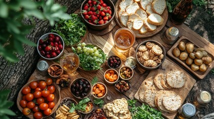 A picnic blanket spread with snacks and drinks, surrounded by friends on a lazy Sunday afternoon, Sunday picnic joy, weekend vibes, soft afternoon light