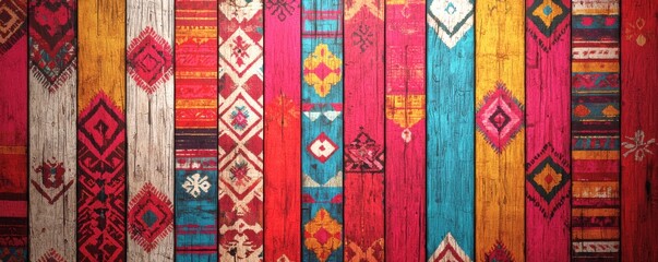 Colorful textile pattern on a wooden background, vibrant and intricate design elements.